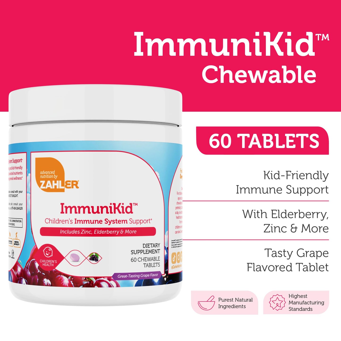 Zahler Kids Immune Support Supplement with Elderberry, Zinc & Vitamin C, D3 A – Grape Flavored Chewable Tablets, 60 Count