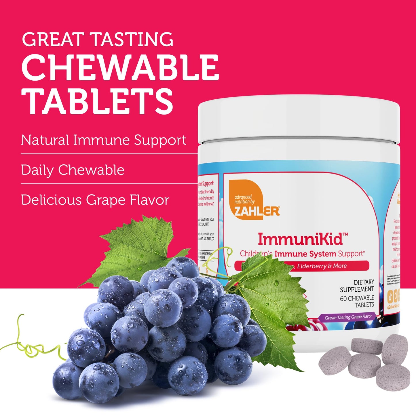 Zahler Kids Immune Support Supplement with Elderberry, Zinc & Vitamin C, D3 A – Grape Flavored Chewable Tablets, 60 Count