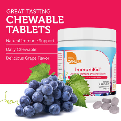 Zahler Kids Immune Support Supplement with Elderberry, Zinc & Vitamin C, D3 A – Grape Flavored Chewable Tablets, 60 Count