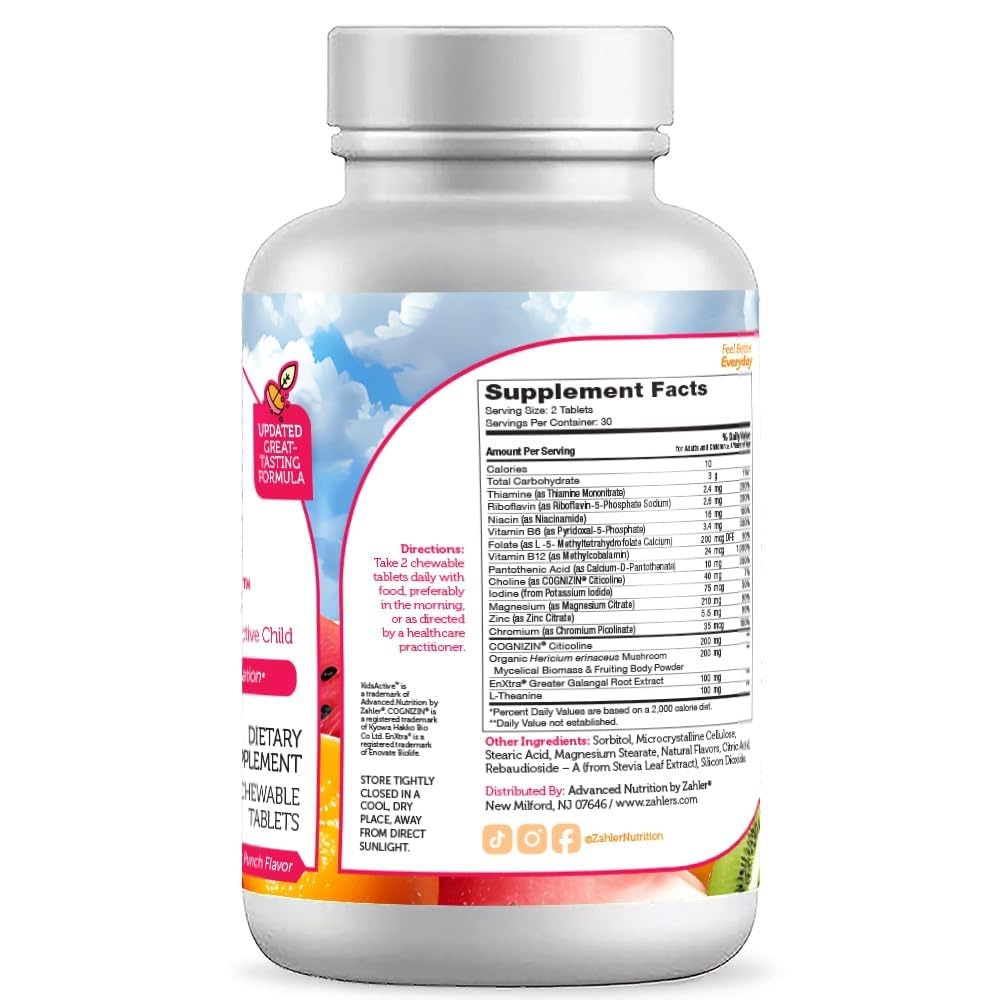 Zahler KidsActive Chewable Concentration Formula for Children | Fruit Punch 180 Tablets