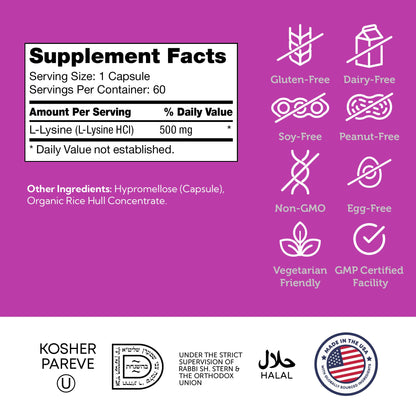 Zahler L-Lysine 500mg – Freeform L-Lysine, Kosher, 60 Capsules
