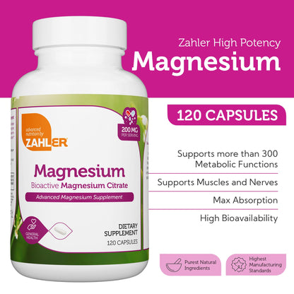 Zahler Magnesium Citrate 200 mg Capsules (120 Count) - Certified Kosher Bioactive Magnesium