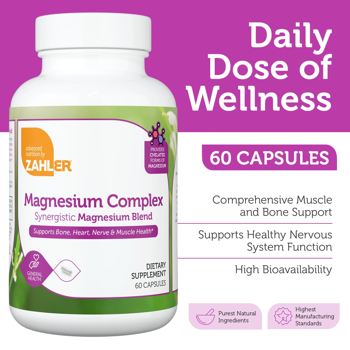 Zahler Magnesium Complex Supplement - Multi Magnesium Blend (Glycinate, Malate, Aspartate, Taurinate, Oxide) + Vitamin B6 – Bone, Nerve, Heart & Muscle Health (60 Capsules)