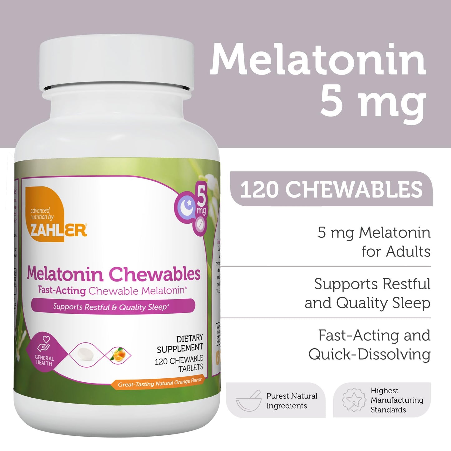Zahler Melatonin 5mg Tablets - Fast-Acting Orange Chewables (120 Count) - Made in USA, Kosher & Non-GMO