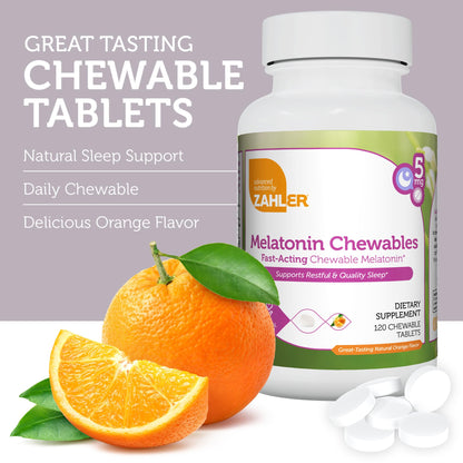 Zahler Melatonin 5mg Tablets - Fast-Acting Orange Chewables (120 Count) - Made in USA, Kosher & Non-GMO