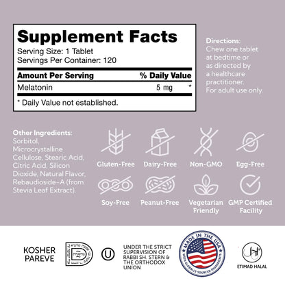 Zahler Melatonin 5mg Tablets - Fast-Acting Orange Chewables (120 Count) - Made in USA, Kosher & Non-GMO