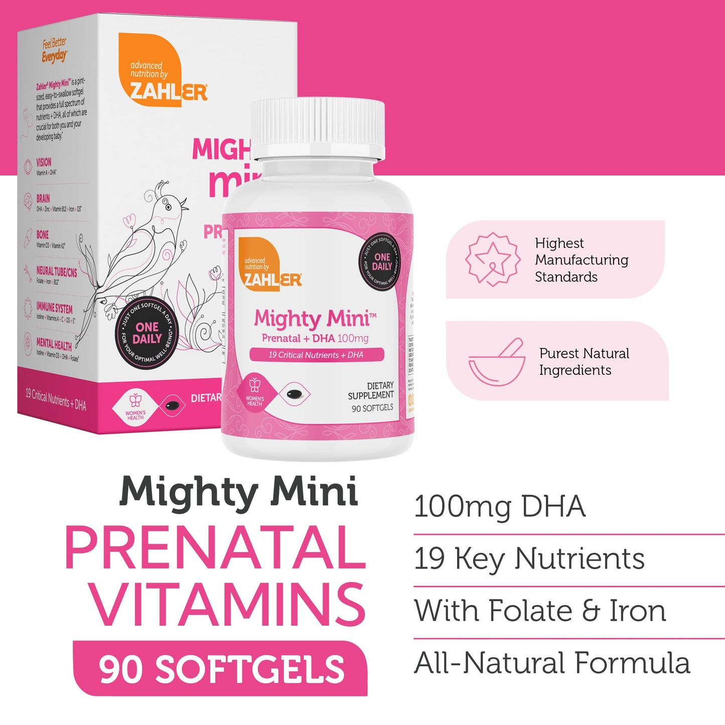 Zahler Mighty Mini Prenatal Vitamin with DHA & Folate – Kosher, All-Natural (90 Softgels)