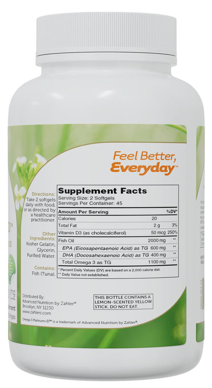Zahler Omega 3 Platinum +D Burpless Fish Oil Softgels | Highest EPA & DHA, Kosher, 90 Softgels