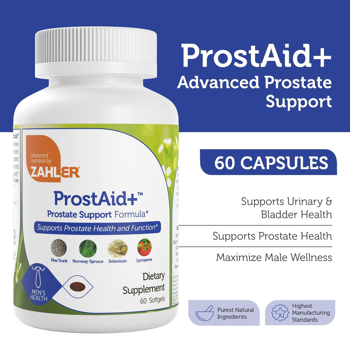 Zahler ProstAid+ Prostate Support – Urinary Flow & Male Health (60 Veggie Softgels) – Made in USA