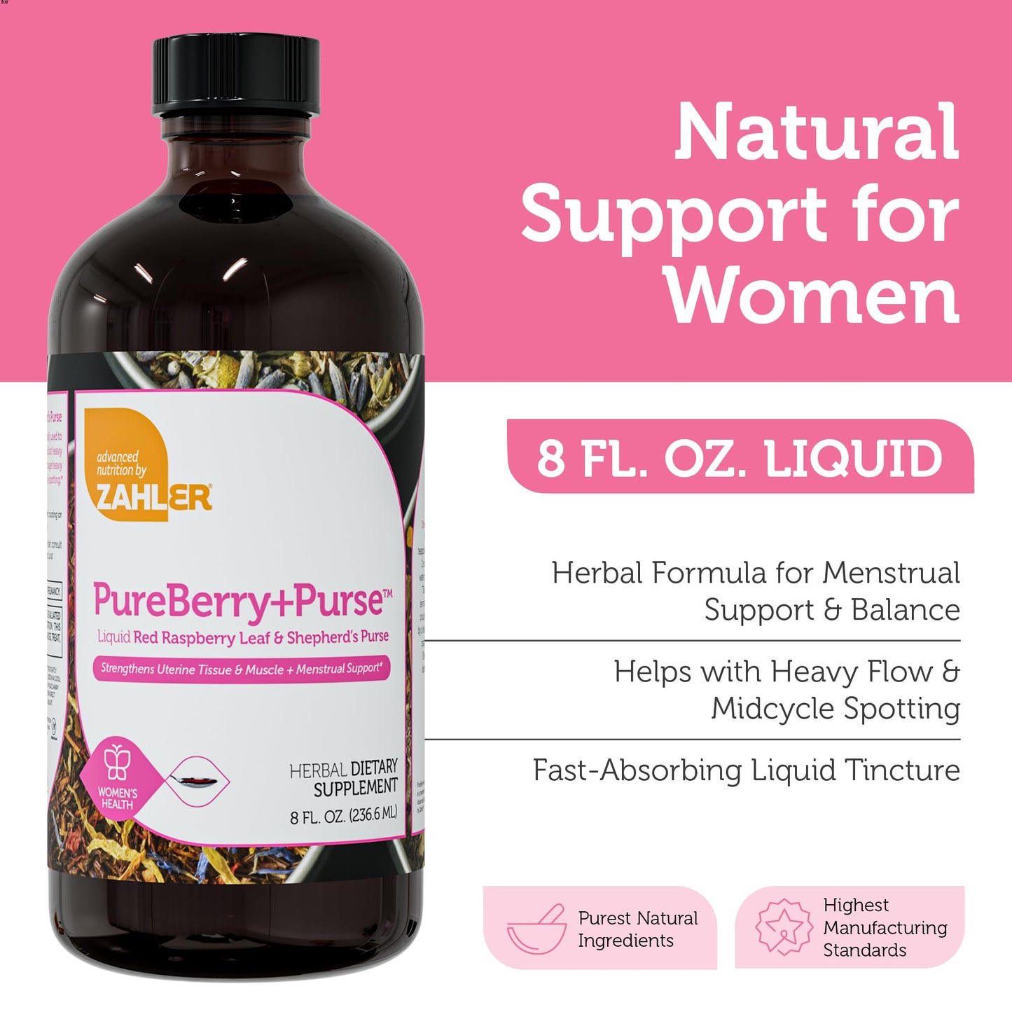Zahler PureBerry+Purse | Red Raspberry Leaf & Sheperd's Purse | Uterine Health Support | Certified Kosher | 8OZ