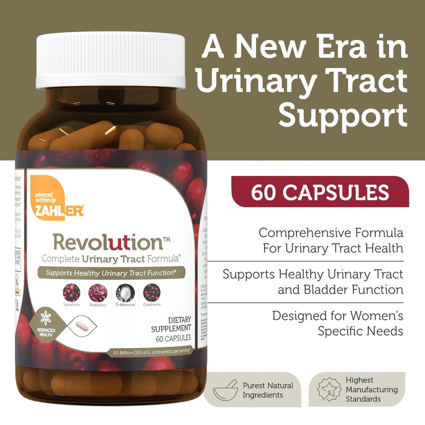 Zahler RevolUTion UTI Health for Women – 1200mg D-Mannose, Cranberry, Probiotics (60 Caps)