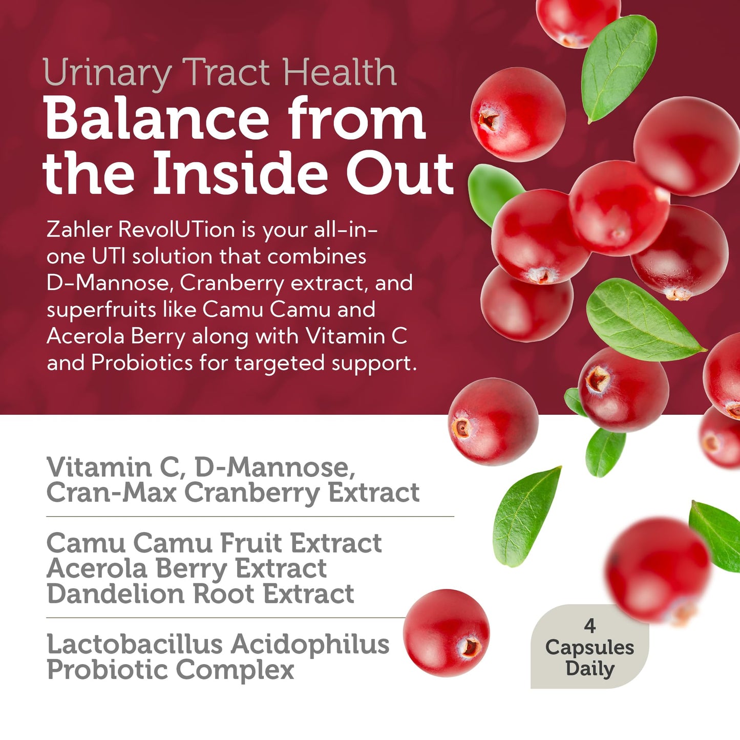 Zahler RevolUTion UTI Health for Women – 1200mg D-Mannose, Cranberry, Probiotics (60 Caps)