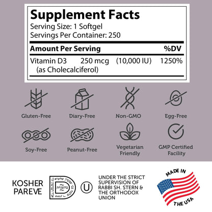 Zahler Vitamin D3 10,000 IU Softgels – 250 Count | Kosher & Vegetarian Friendly