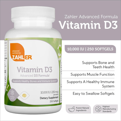 Zahler Vitamin D3 10,000 IU Softgels – 250 Count | Kosher & Vegetarian Friendly