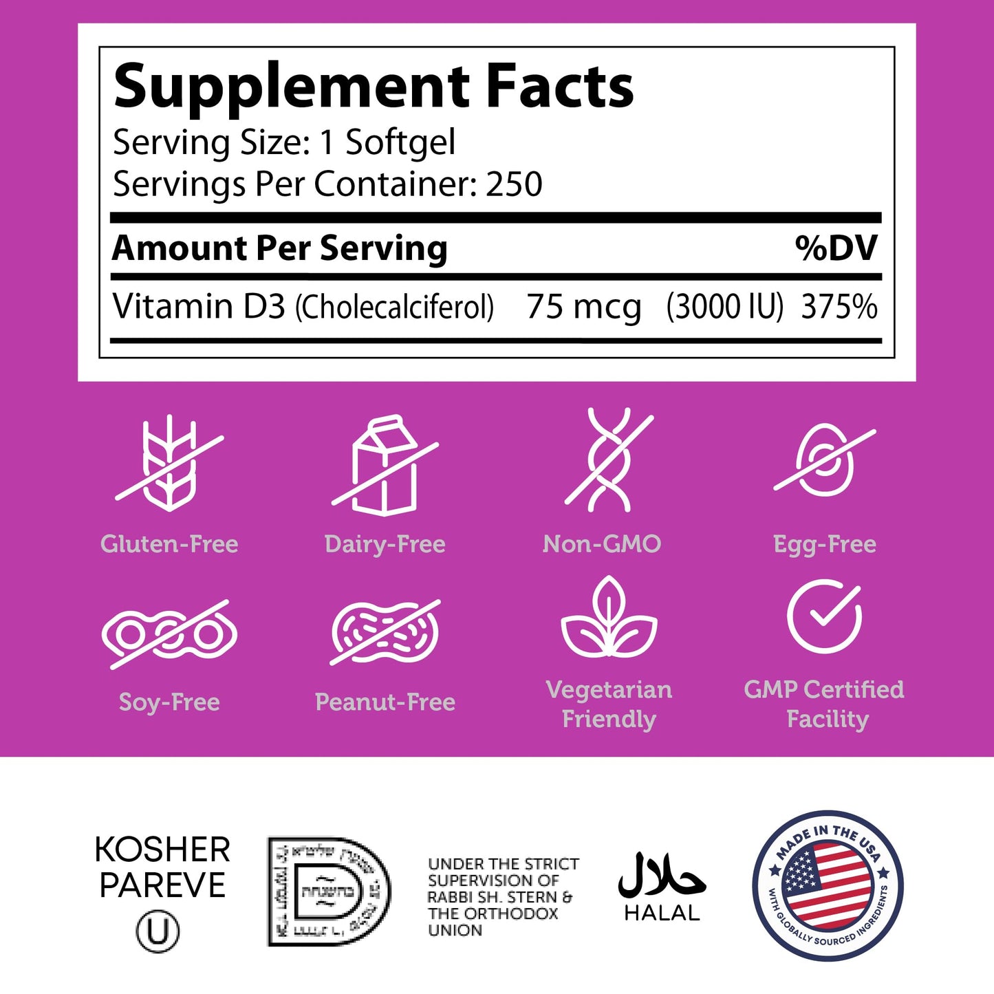 Zahler Vitamin D3 3000IU – Kosher Certified, 250 Softgels
