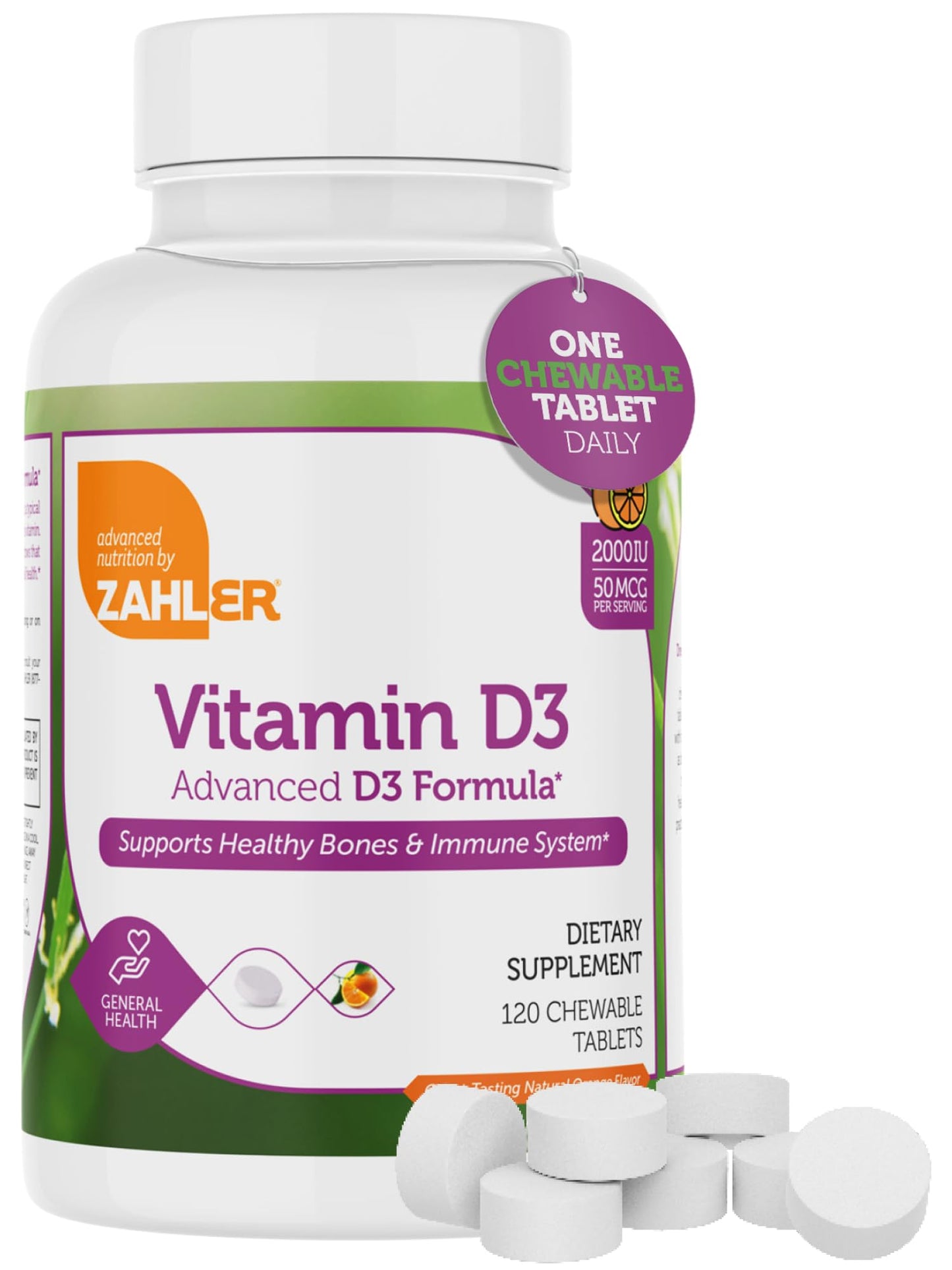 Zahler Vitamin D3 Chewable 2000IU - Kosher Orange Flavor, 120 Tablets