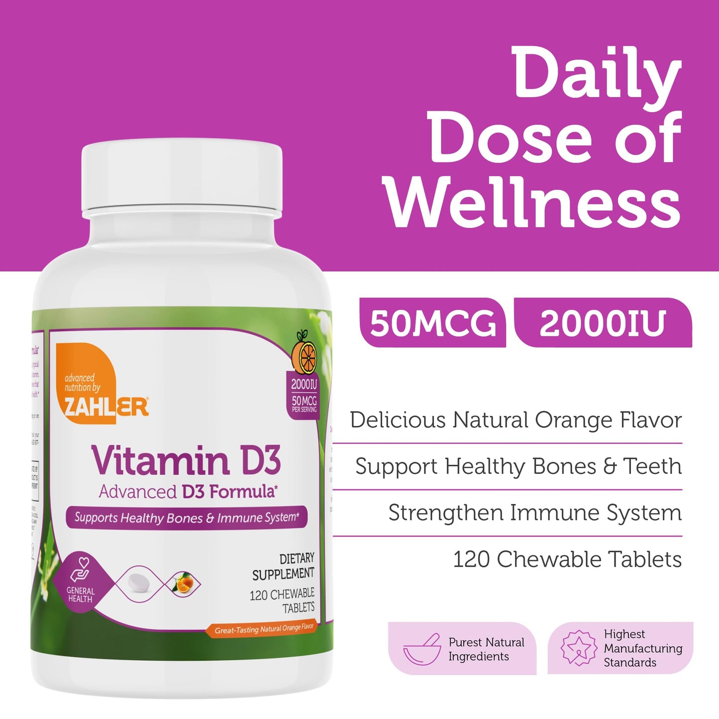 Zahler Vitamin D3 Chewable 2000IU - Kosher Orange Flavor, 120 Tablets