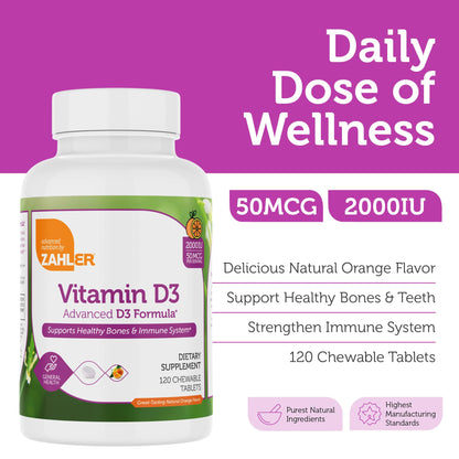Zahler Vitamin D3 Chewable 2000IU - Kosher Orange Flavor, 120 Tablets