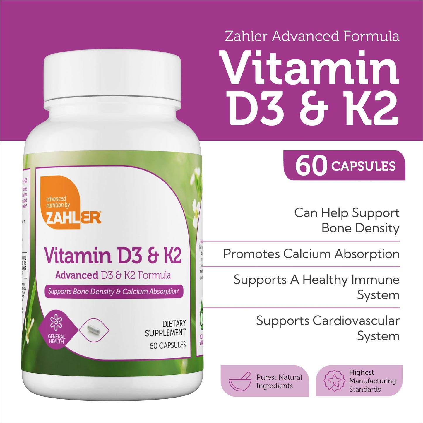 Zahler Vitamin D3 & K2 – Advanced D3 & K2 Formula for Bone Density & Calcium Absorption | 60 Capsules