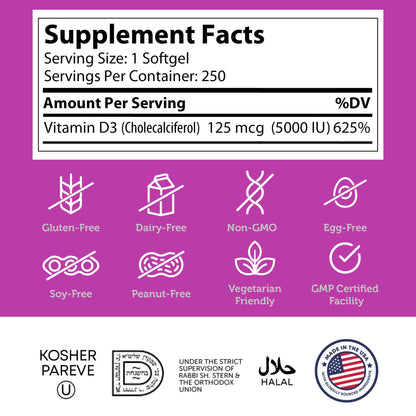 Zahler Vitamin D3 5000 IU Softgels – 250 Count | Kosher, Vegetarian Friendly Immune Support, Bone & Teeth Health