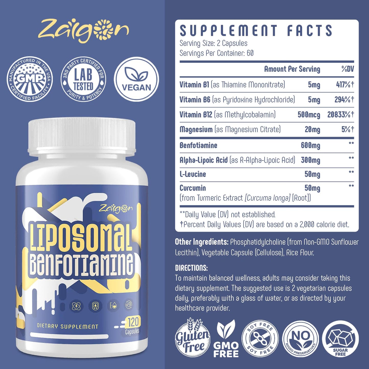 Zaigon Benfotiamine B1 600mg Liposomal | 120 Vegan Capsules | Energy & Nerve Support