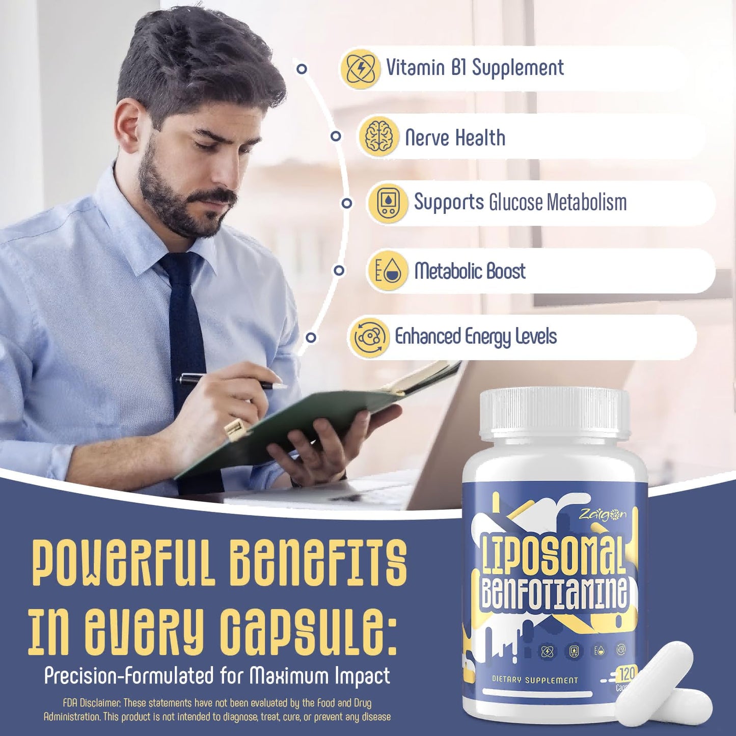 Zaigon Benfotiamine B1 600mg Liposomal | 120 Vegan Capsules | Energy & Nerve Support