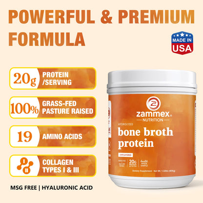 Zammex Pure Grass-Fed Beef Bone Broth Protein Powder – 20g Protein, Collagen, Non-GMO, Gluten Free