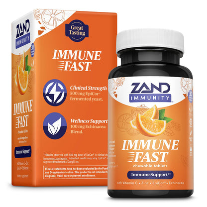 Zand Immune Fast Zesty Orange Chews – EpiCor, Vitamin C 1000mg, Zinc, Echinacea | 30 Tablets, 10 Servings