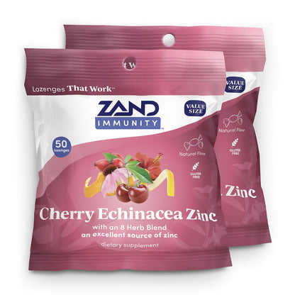 ZAND Immunity Cherry Echinacea Zinc Throat Lozenges 2 Pack - Immune Support, Zinc 5mg - Gluten Free, 50ct