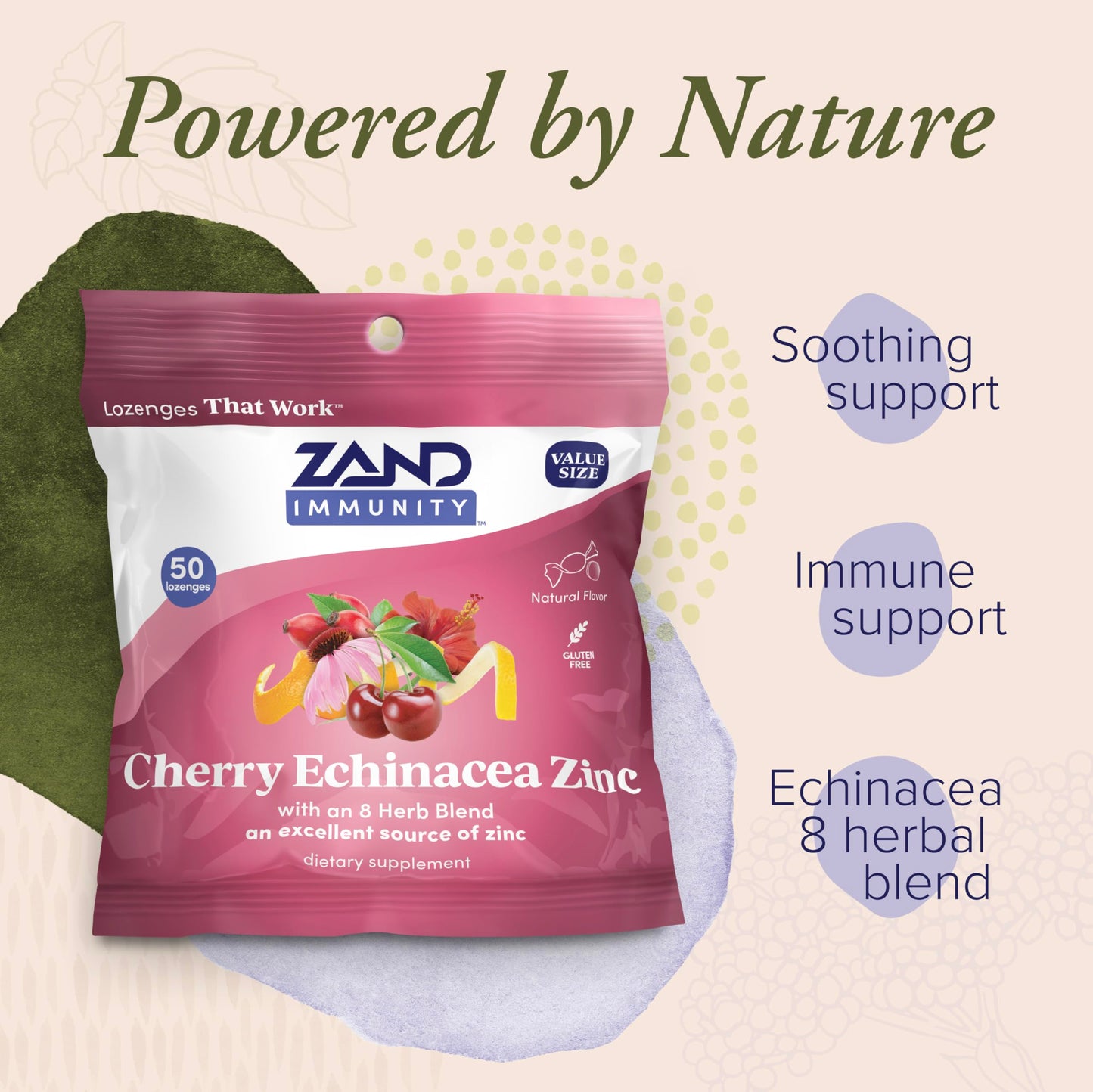 ZAND Immunity Cherry Echinacea Zinc Throat Lozenges 2 Pack - Immune Support, Zinc 5mg - Gluten Free, 50ct