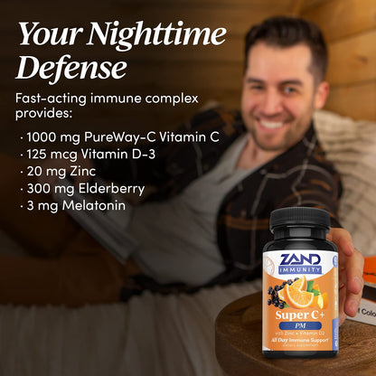 Zand Immunity Super C+ PM – Nighttime Immune Support with Melatonin, 1000mg PureWay-C, Zinc, D3 & Elderberry | 60 Tablets
