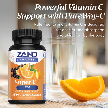 Zand Immunity Super C+ PM – Nighttime Immune Support with Melatonin, 1000mg PureWay-C, Zinc, D3 & Elderberry | 60 Tablets