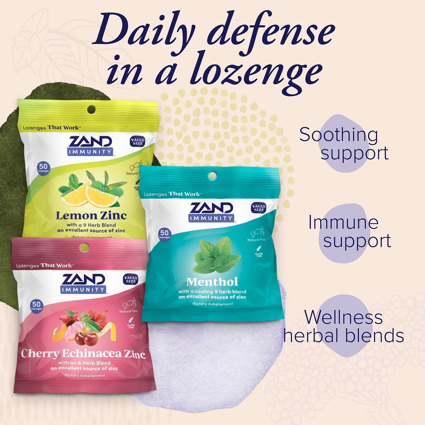 ZAND Immunity Variety 3 Pack: Lemon Zinc, Menthol & Cherry Echinacea Lozenges