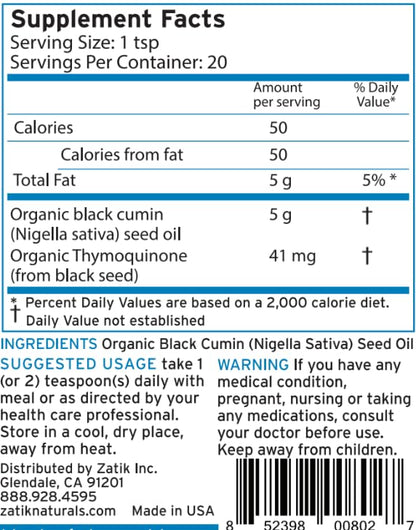 Zatik Naturals Black Cumin Seed Oil – Organic, Cold-Pressed, USDA Organic, 3.38 fl oz (100 mL)