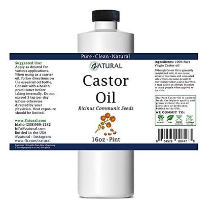 Zatural Castor Oil 100% Pure Cold-Pressed Hexane-Free (16oz) for Hair Growth, Lashes & Brows