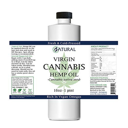 Zatural Hemp Oil 16 oz - Cold Pressed, 455,000mg, Omega 3 & 6, No Fillers | Therapeutic Grade