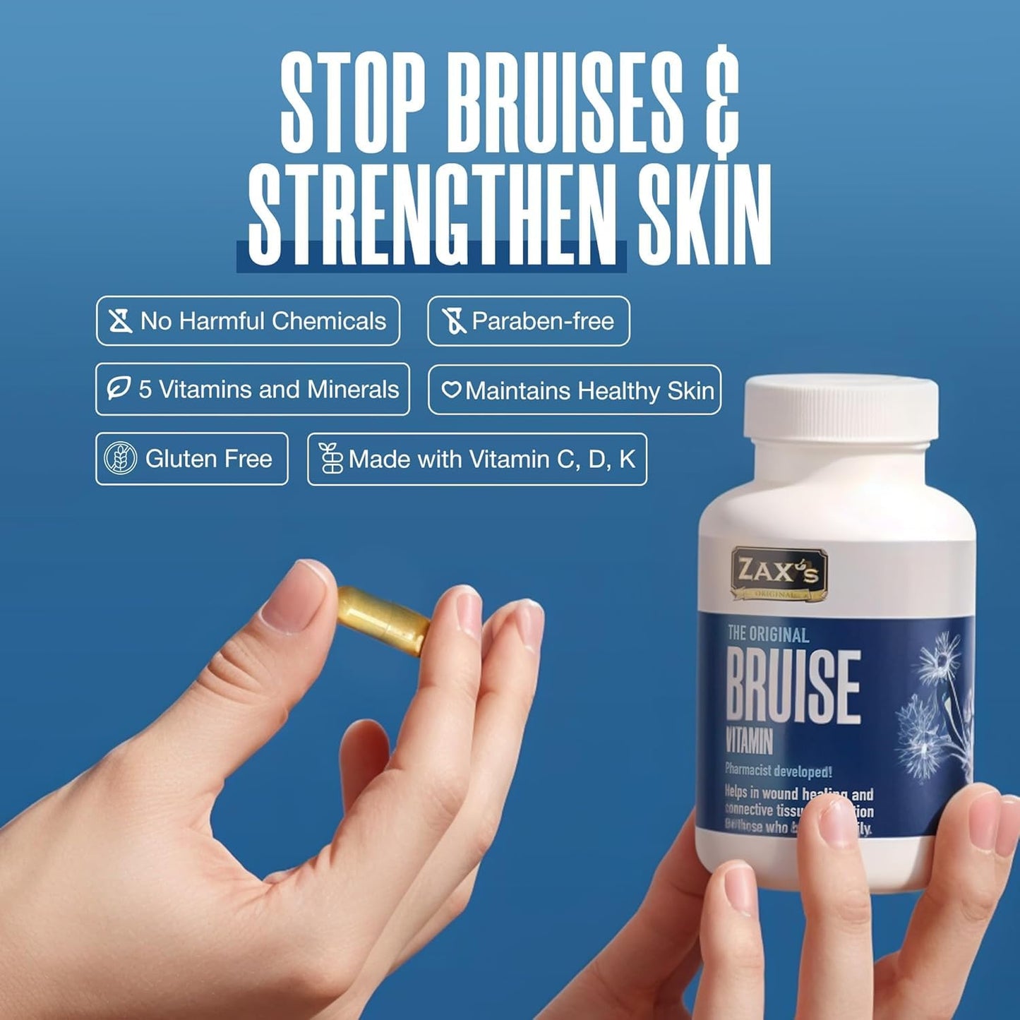 Zax's Original Bruise Vitamin 2-Pack – Pharmacist-Developed Bruising Supplements with Zinc, Vitamins C, D3, K | 120 Caps