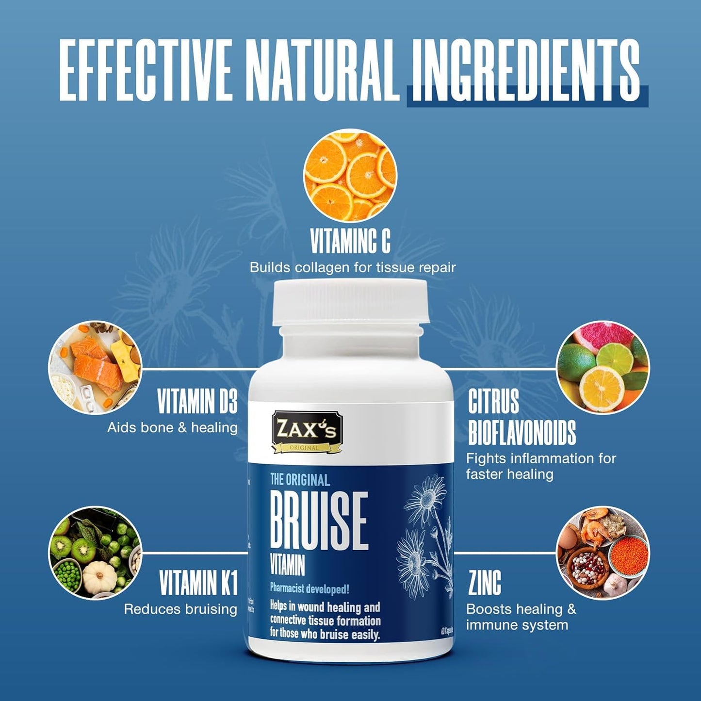 Zax's Original Bruise Vitamin 2-Pack – Pharmacist-Developed Bruising Supplements with Zinc, Vitamins C, D3, K | 120 Caps