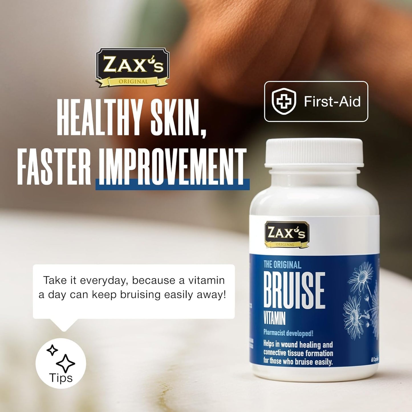 Zax's Original Bruise Vitamin 2-Pack – Pharmacist-Developed Bruising Supplements with Zinc, Vitamins C, D3, K | 120 Caps