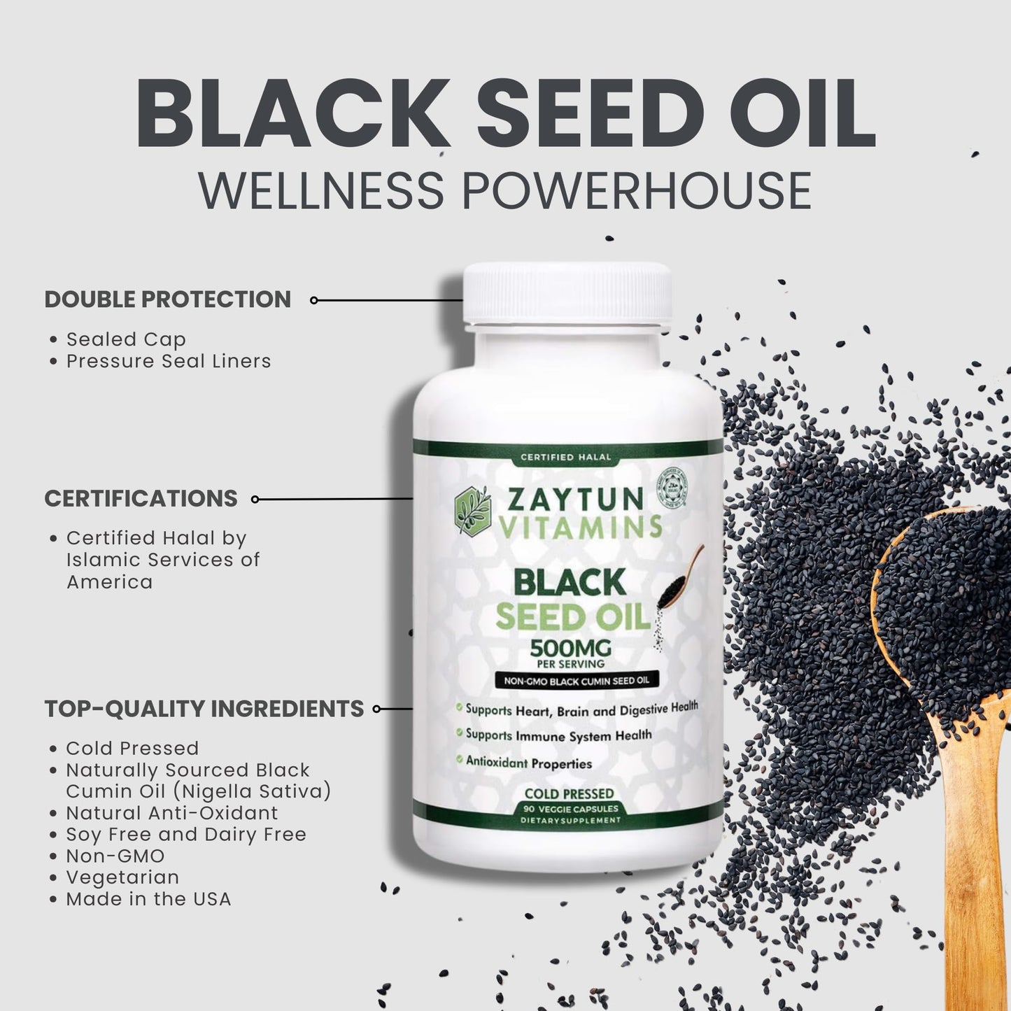 Zaytun Halal Black Seed Oil – 90 Veggie Capsules | Cold-Pressed, Non-GMO, Made in USA