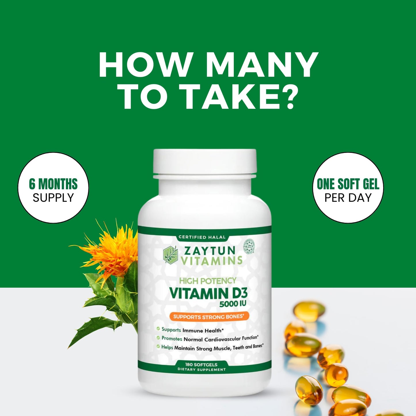 Zaytun Halal Vitamin D3 5000 IU – 180 Mini Softgels | Supports Bones & Immune Health | Made in USA