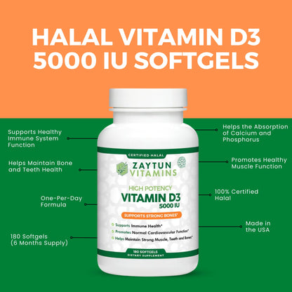 Zaytun Halal Vitamin D3 5000 IU – 180 Mini Softgels | Supports Bones & Immune Health | Made in USA