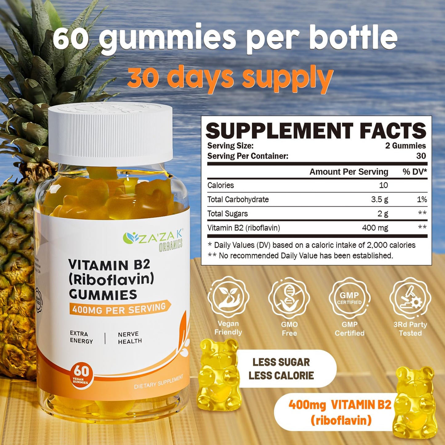 ZA'ZA K ORGANICS Vitamin B2 Gummies - Riboflavin 400 mg (60 Gummies) | Vegan