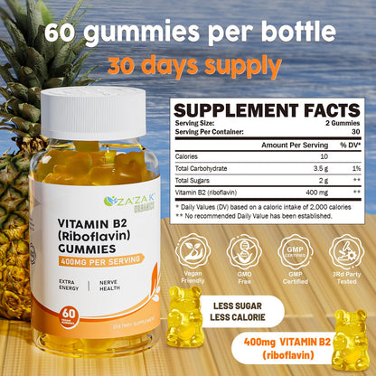 ZA'ZA K ORGANICS Vitamin B2 Gummies - Riboflavin 400 mg (60 Gummies) | Vegan