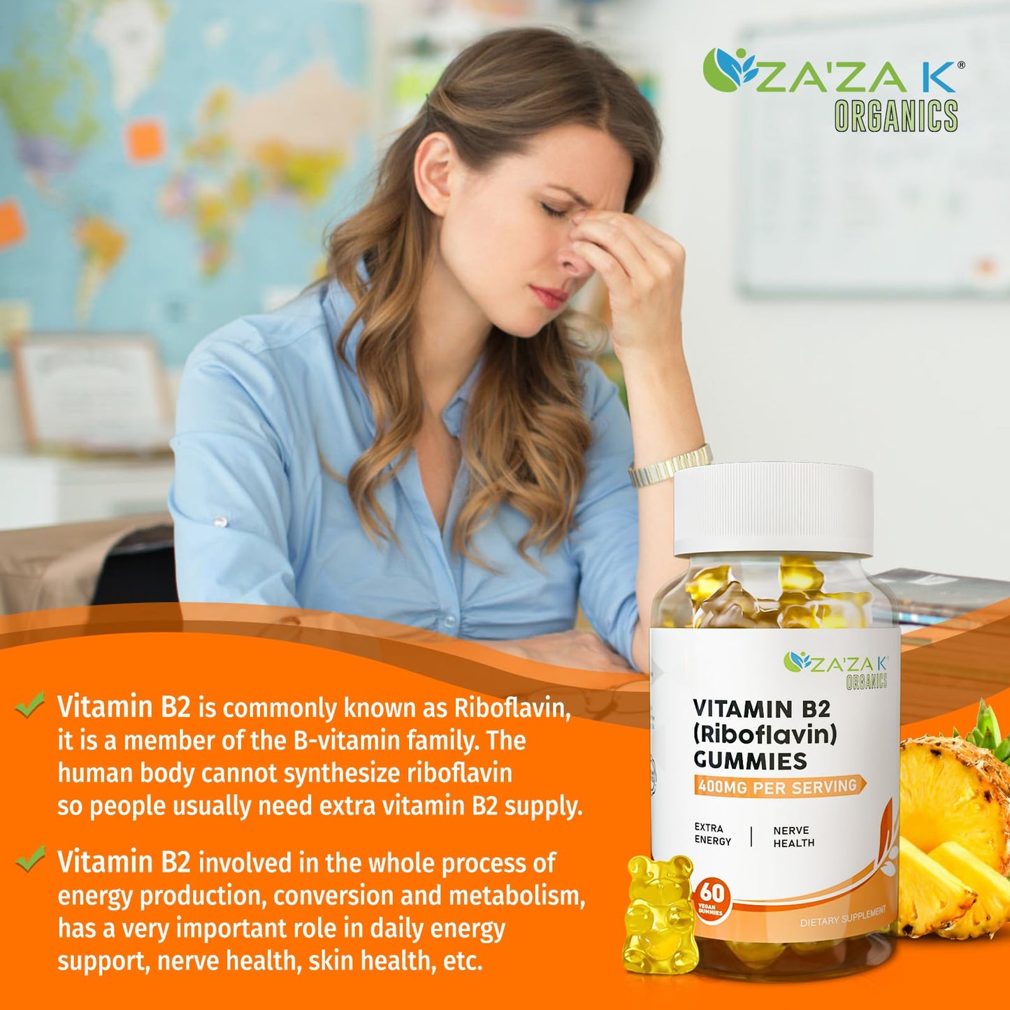 ZA'ZA K ORGANICS Vitamin B2 Gummies - Riboflavin 400 mg (60 Gummies) | Vegan