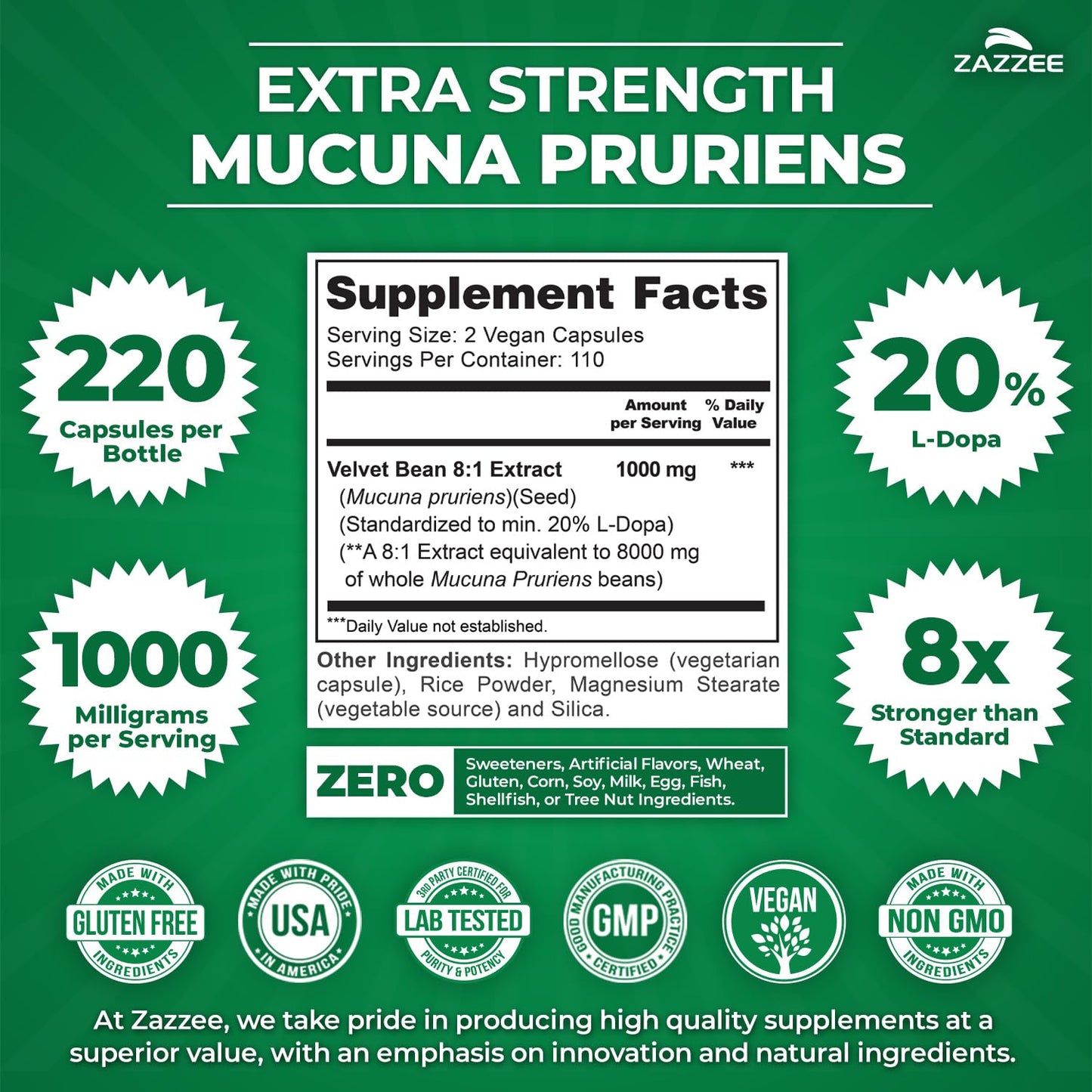Zazzee Extra Strength Mucuna Pruriens 8:1 Extract – 1000 mg, 20% L-DOPA, 220 Veg Capsules, 110 Day Supply