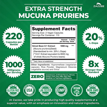 Zazzee Extra Strength Mucuna Pruriens 8:1 Extract – 1000 mg, 20% L-DOPA, 220 Veg Capsules, 110 Day Supply