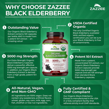 Zazzee USDA Organic Black Elderberry 10:1 Extract – 5000 mg, 120 Capsules