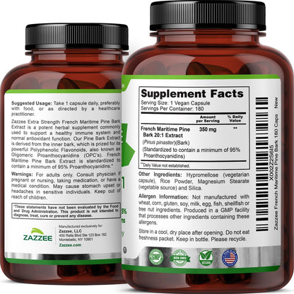 Zazzee Extra Strength French Maritime Pine Bark Extract 20:1 – 350 mg per Capsule, 180 Vegan Capsules