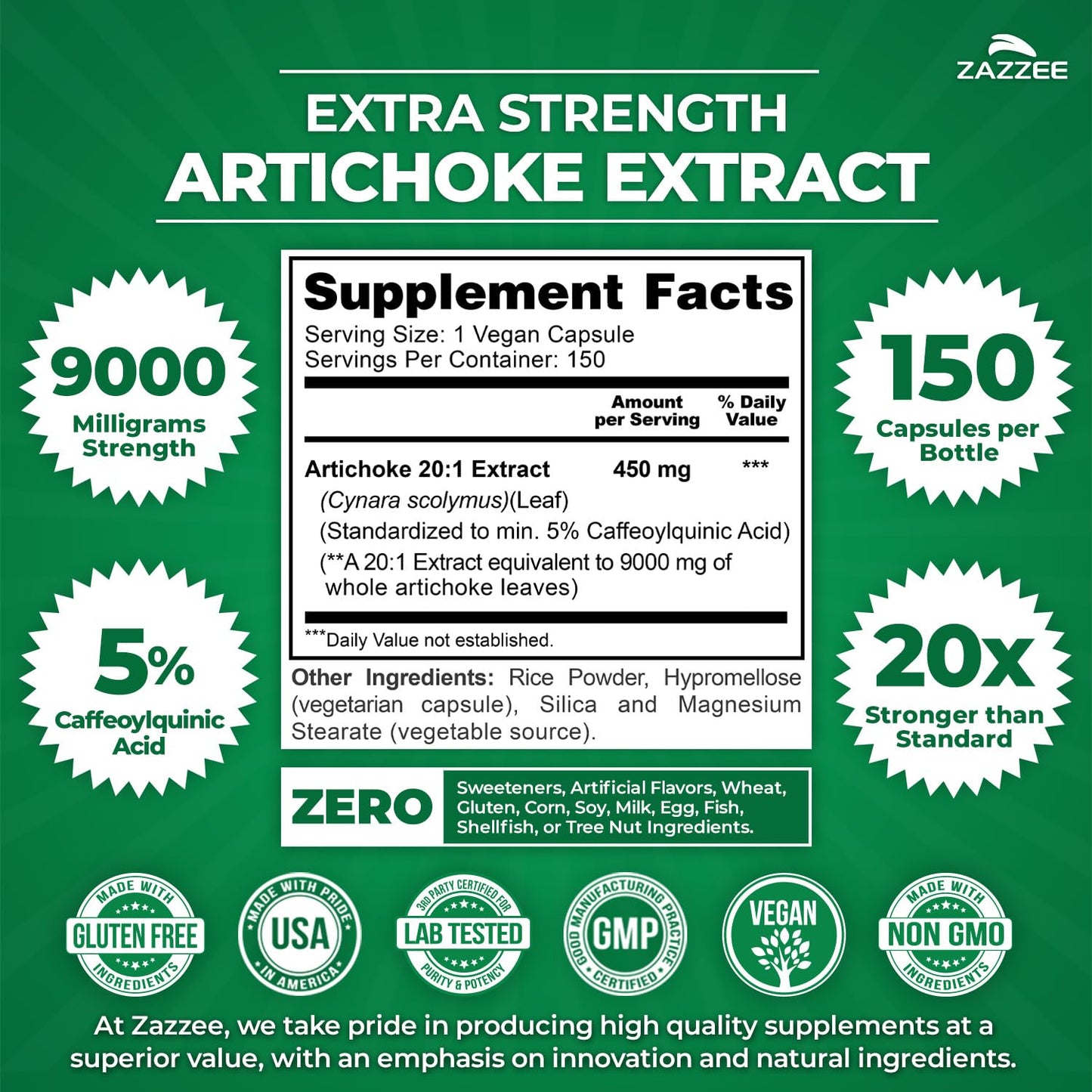 Zazzee Extra Strength Artichoke 20:1 Extract – 9000 mg per Capsule, 150 Vegan Capsules